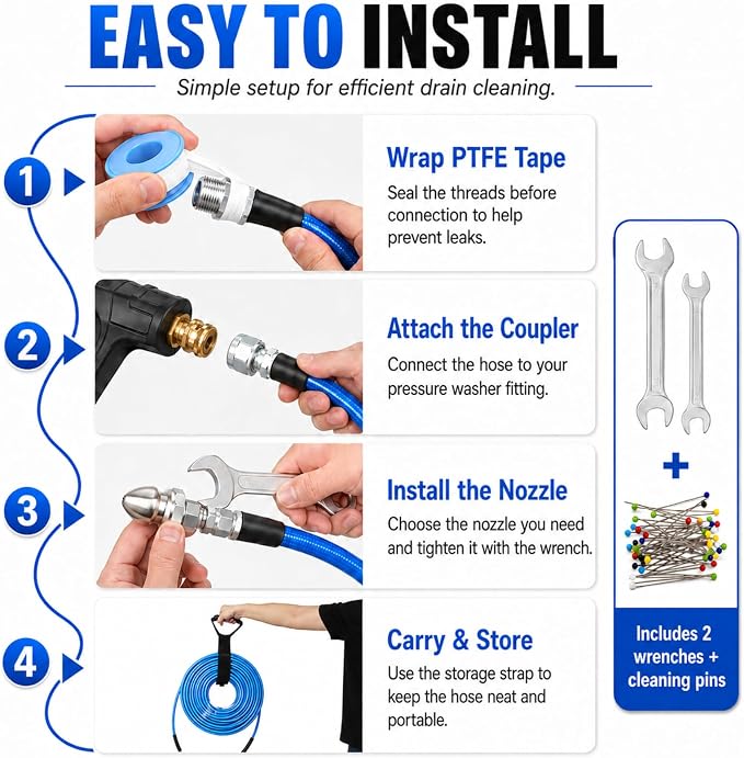 100 FT Sewer Jetter Kit for Pressure Washer, 5800PSI Water Jet Drain Cleaner Hose, 1/4 Inch NPT Corner with 4 Sewer Jetting Nozzles, Pearl Corsage Pin, Waterproof Tape, Handle Strap&2 Spanner (Blue)