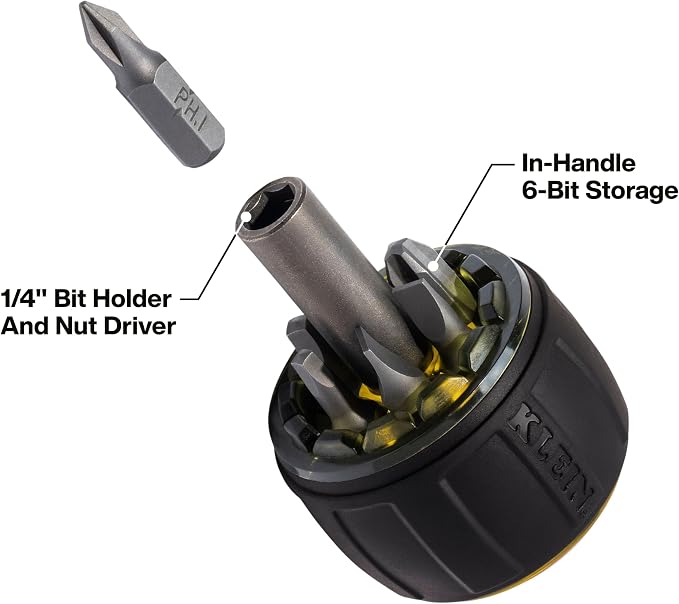 Klein Tools 32961A 8-in-1 Tru-Grip Screwdriver with Stubby, Phillips, Slotted, Square Tips, 1/4-Inch Nut Driver, Rare-Earth Magnet, 6-Bit Storage, Ball-Style Handle