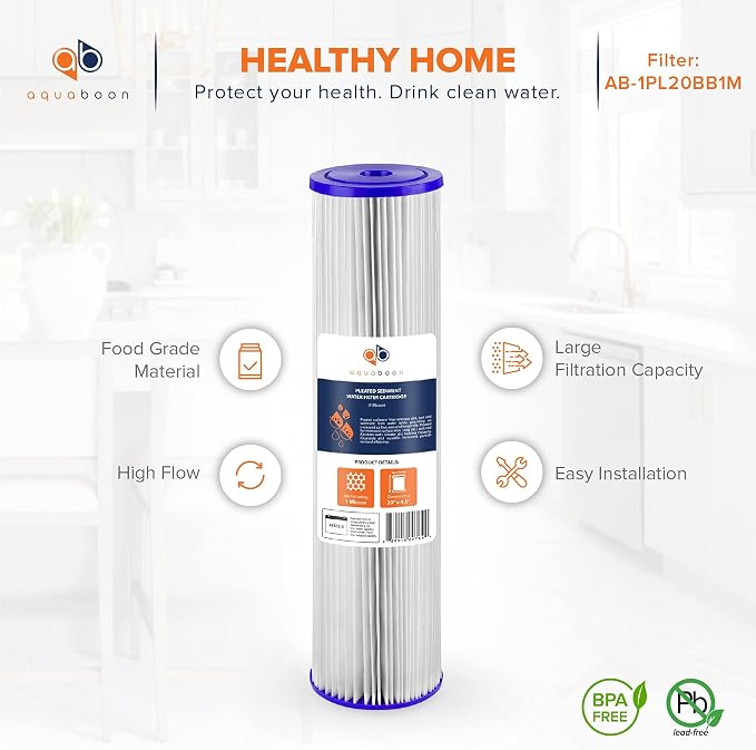 Aquaboon 1 Micron Whole House Pleated Sediment Water Filter Cartridge 20x4.5 Well Filter Replacement Compatible with ECP5-20BB, SPC-45-1005, 6 Pack