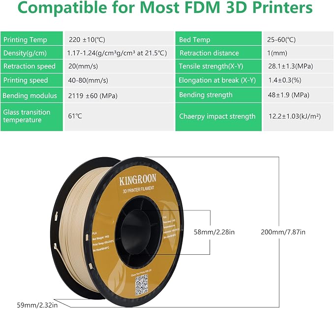 Kingroon PLA 3D Printer Filament, Dimensional Accuracy +/- 0.02 mm, 1 kg Spool(2.2lbs), 1.75 mm,Wood