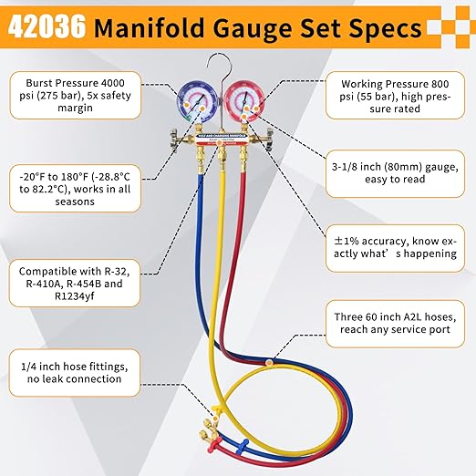 42036 Manifold Gauge Set, A2L Compatible, 3-1/8" (80mm) Anti Vibration Gauges, 60" Y/R/B Refrigerant Hoses, 1/4" Fittings, 2 Valve, for HVAC Test and Charging of R-32, R-454B, R-410A, R-1234yf