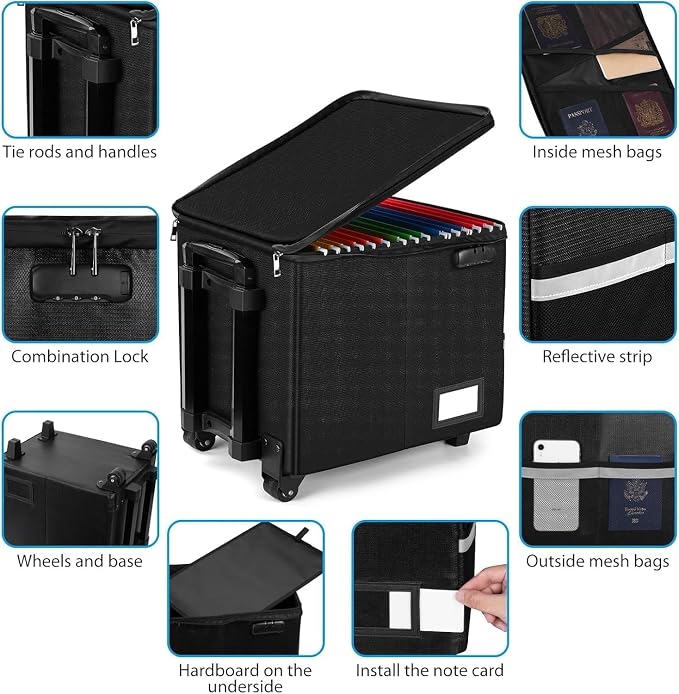 Fireproof File Box with Wheels, Collapsible Rolling Fireproof Document Bag with Lock, Fireproof Box with Handle & Casters, Mobile Fireproof Document Storage for Legal/Letter Size Files | futaiphy Fireproof File Box with Wheels, Collapsible Rolling Fire...