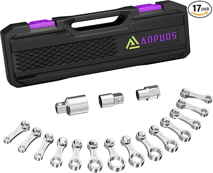 ANPUDS 17 Pcs Metric Torque Adapter Set, 8-22mm, 12-Point Extension, 3/8" | 1/2''+1/4'' + Bit Adapter, Cr-Mo Steel, Torque Wrench Adapter, for Engine Bay, Brake, Suspension & Tight Access, Silver