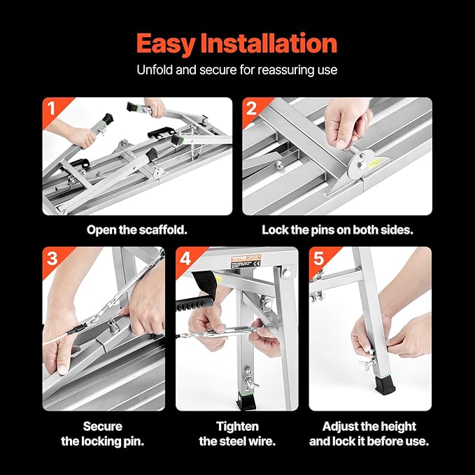 VEVOR Work Platform, 39"x 12" Portable Scaffolding Platform, Folding Steel Step Ladder Adjustable Height 19.7”-29.1”, 400 lbs Load Capacity, Non-Slip Drywall Painting Stool for Cleaning &Washing