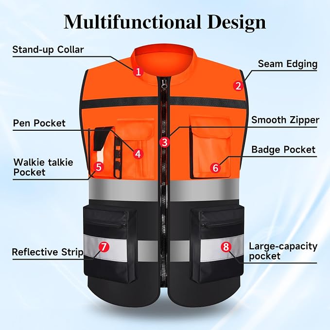 Safety Vest Two Tone for Men Women Work Vest with Pockets and Zipper Construction Workwear Vest