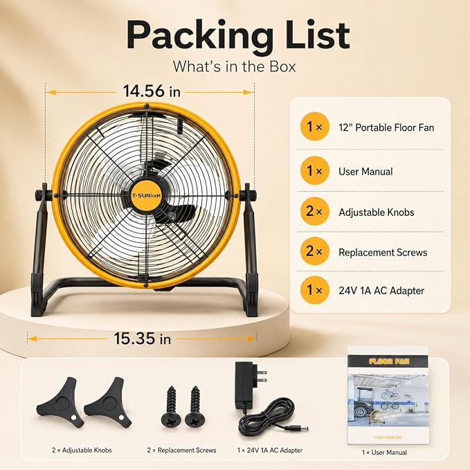 12" Battery Operated Floor Fan Compatible with Dewalt 20V Max Battery, Portable Fan with AC Adapter and USB Output, Metal Industrial High Velocity, Stepless Speed Cordless Fan for Jobsite Garage