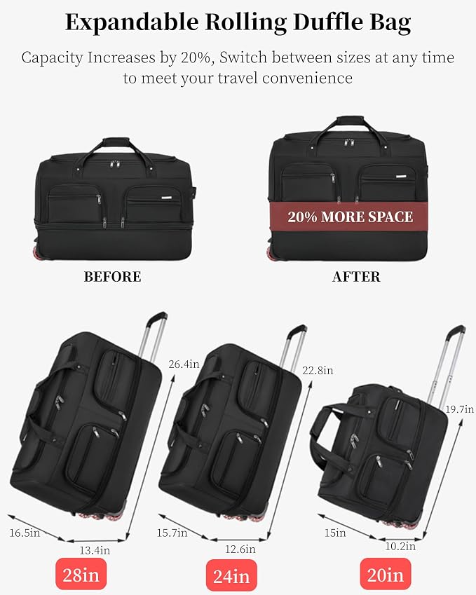Expandable Rolling Duffle Bag with Wheels, 24" Foldable Carry On Luggage Suitcases, Water-Resistant Travel Duffle Bag Carry On Suitcase Weekend Bag for Women Men Black