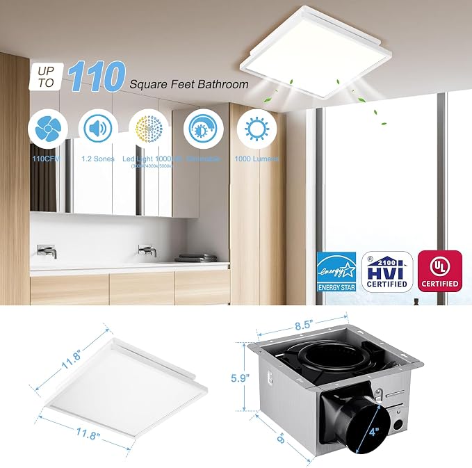 Tech Drive Bathroom Fan with Light And Night light,110CFM,4 Inch Duct | Super Quiet,1000lm Dimmable 5CCT LED Light,HVI and Energy Star Ventilation Fan ,White