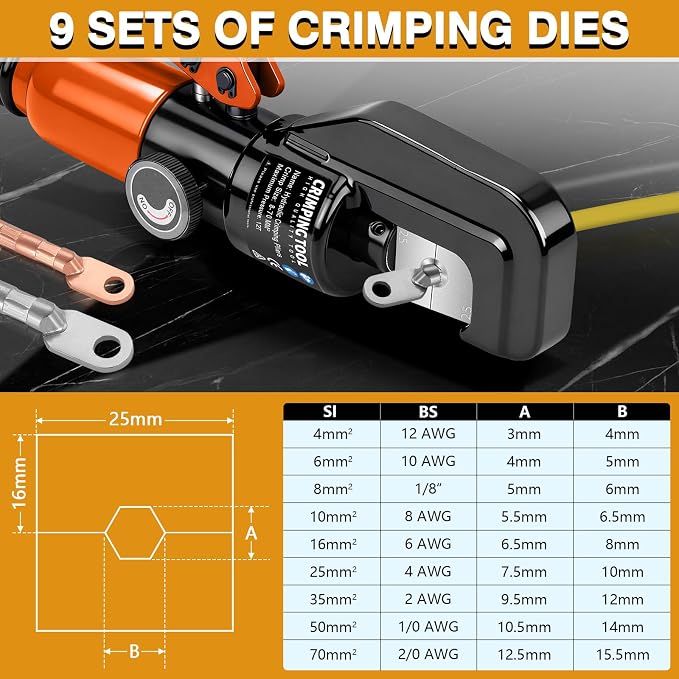 Hydraulic Crimping Tool Set with Cable Cutter, 10 Tons Battery Cable Crimper Tool with 12 AWG to 00 (2/0), Terminal Cable Wire Tool Kit with 9 Die (12awg~00awg Crimping Tool), Orange