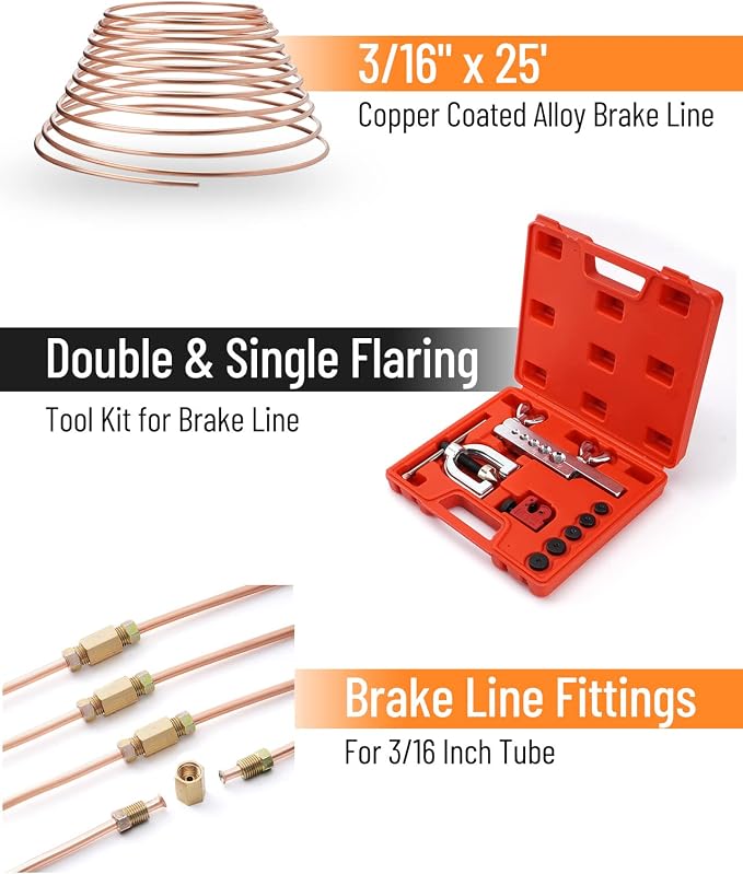 25 ft 3/16 Copper Coated Brake Line Kit (Includes 16 Fittings and 4 Unions Brake Line Fittings) + Double & Single Flaring Tool Kit