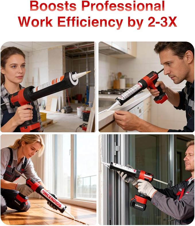 Cordless Caulking Gun w/2 x 3.0Ah Batteries, 800kg Thrust Max Electric Caulk Gun, 6-Speed, 10oz/300ml, 13Pcs Caulk Remover Tool, Led Light, Auto-Retract Anti-Drip for Sealing, Filling, Repairing
