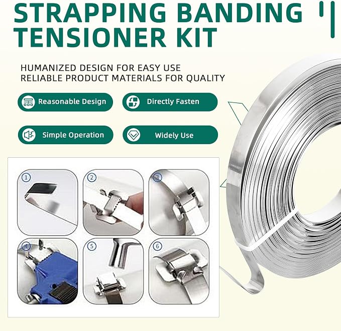 200 ft 304 Stainless Steel Banding Strapping Kit with 100 Steel Buckles & Tensioner Tool – Rust-Resistant Heavy Duty Pallet Strapping for Shipping, Construction, and Storage