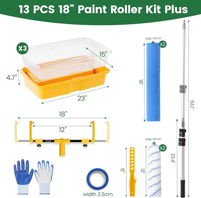 VOOMEY 18 Inch Paint Roller Kit, Contractor-Grade Large Paint Roller with 23-53 Inch Adjustable Extension Pole, Nylon & Polyester Roller Covers for Walls, Ceilings, Drywall and Textured Surfaces