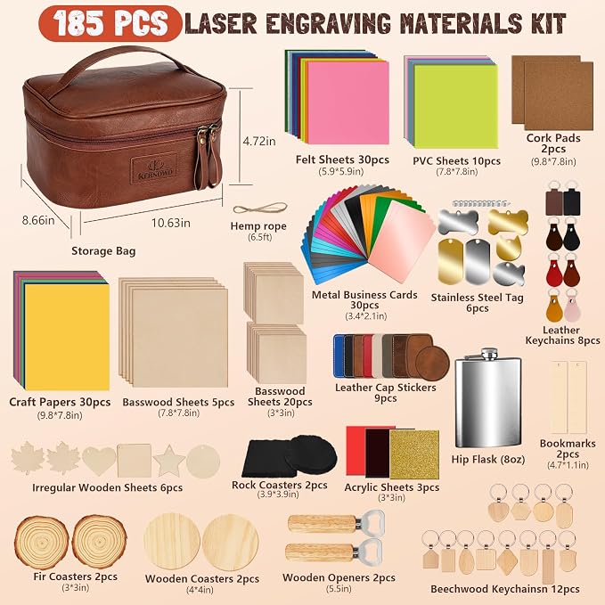 Laser Engraving Materials Kit, 185Pcs Laser Engraving Blank Supplies for Art and Craft, Laser Engraver Accessories Suitable for Both Engraving Pens & Laser Engravers