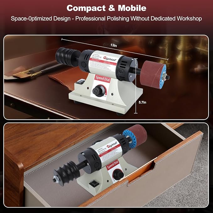 Leather Burnishing Machine, 1750-8500 RPM Variable Speed, 350W Electric Polishing Tool with Sanding Drum and Rosewood Grinding Head,12 Pcs Sanding Sleeves (80/120/240 Grit) & Mahogany Polishing Wheel