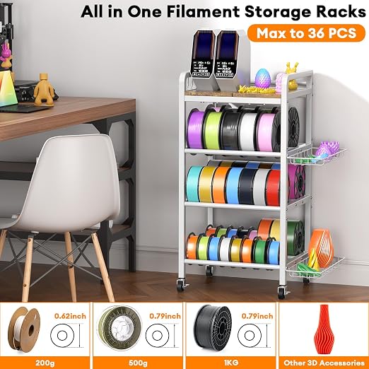 3D Printer Filament Storage Rack- 4 Tiers Filament Spool Holder, Heavy Duty 3D Printing Stand Filament Organizer with 360° Wheels, Metal Filament Stand Shelf for PLA/ABS/TPU/Nylon (White)