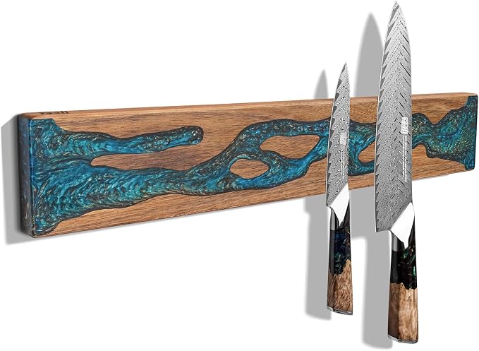 FINDKING Magnetic Knife Strip for Wall, Solid Acacia Wood with Mineral Blue Resin Inlay, Wall-Mounted Knife Holder with Strong Magnetic Hold, No-Drill Adhesive Mount (18 Inch)