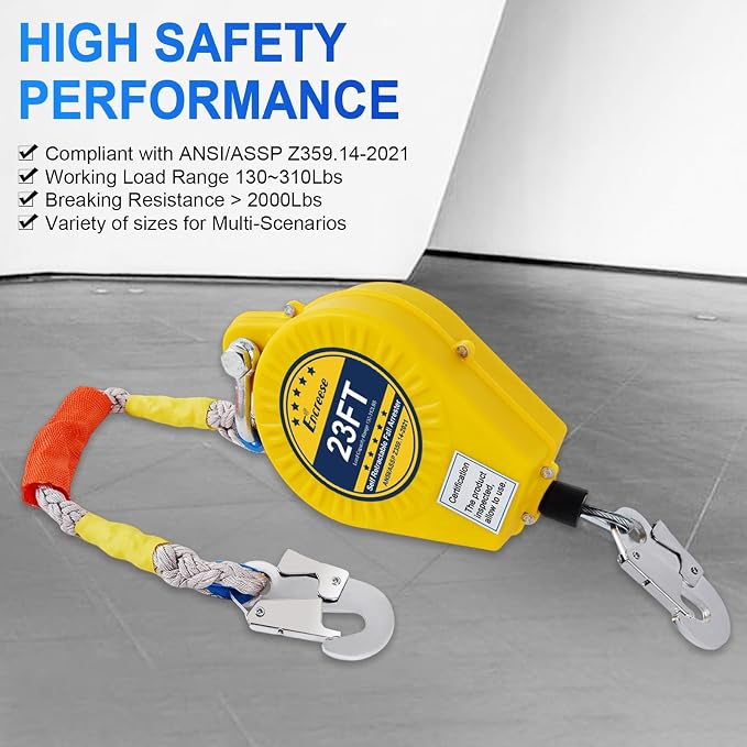 Self Retractable Lifeline Fall Protection Arrester 23FT Double Locking Safety Rope Fall Arrest Gear, Dual Alloy Steel PPE shell Heavy Duty Hook Cable Wire Roofing Rope Lifeline Safety Lanyard