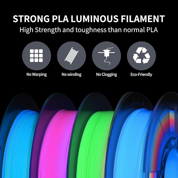 RAMBERY Glow in the Dark Rainbow 3D Printer Filament, Luminous PLA Filament 1.75mm, Dimensional Accuracy +/- 0.02mm, 200gX4 Spools