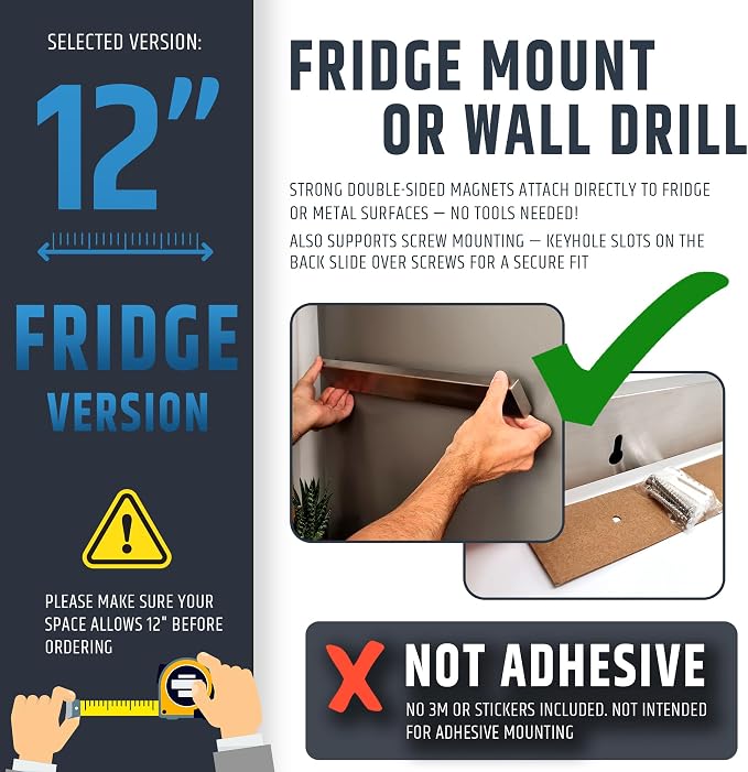 12" Premium Magnetic Knife Holder for Refrigerator (Double-Sided Heavy-Duty Magnets) - Upgraded Strip for Strong Fridge Mount - Clear Up Counter Space - 304 Anti-Rust Stainless Steel (Upgraded Design)