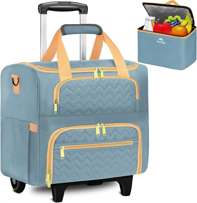 MATEIN Rolling Teacher Tote Bag, 15.6 Inch Rolling Briefcase for Women with Wheels & Detachable Cart, Roller Laptop Bag on Wheels with Insulated Lunch Box for College Business Office, Blue