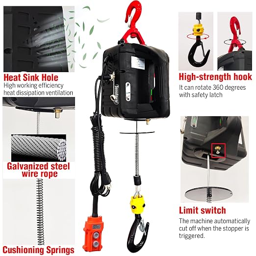 Electric Hoist Winch,1100lbs Electric Hoist 110 Volt 1500W Portable Electric Winch with Remote Control Wired/Manual,Chain Hoist Overload Protection 25ft Lifting Height for Towing&Pure Copper Motor