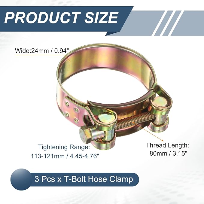 HARFINGTON 3pcs T-Bolt Hose Clamp 113-121mm (4.45-4.76") Galvanized Carbon Steel Adjustable Intake Radiator Pipe Clamps for Automotive Plumbing Industrial Pipes