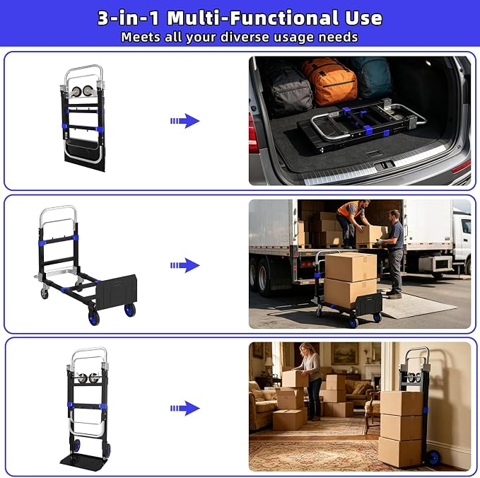 3 in 1 Hand Truck, 600Lbs Capacity, Heavy Duty Collapsible Cart with Retractable Handle, Dolly Cart with 2 Universal Wheel with Brake for Moving Home, Office, School, Shopping, Warehouse, Blue