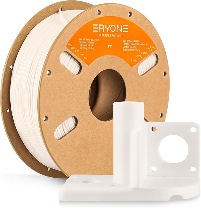 ERYONE Polypropylene Filament 1.75mm +/-0.03mm, Semi-Flexible & Ultra Tough, Chemical-Resistant,PP 3D Printing Filament, 900g/Spool, White