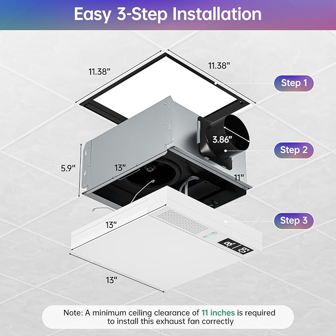 VallisCo Bathroom Exhaust Fan with Light, Bluetooth Speaker, Odor & Humidity Sensors, 230 CFM Quiet Ceiling Fan with 3 Dynamic RGB Lighting, 3CCT - Remote App Control - Compatible with Alexa
