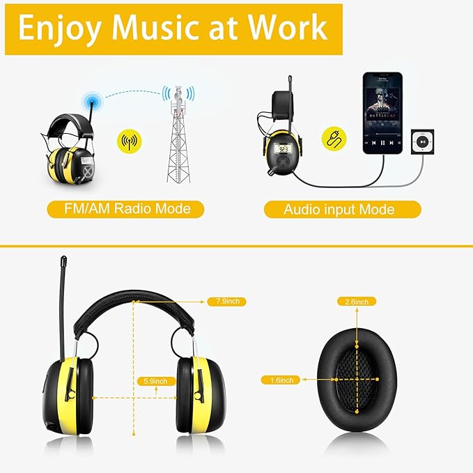 BJKing AM/FM Radio Headphones with Digital Display, 30dB AM FM Hearing Protection Safety Ear Muff, Ear Protection Headphone for Mowing, Landscaping, Shooting and Construction-Black