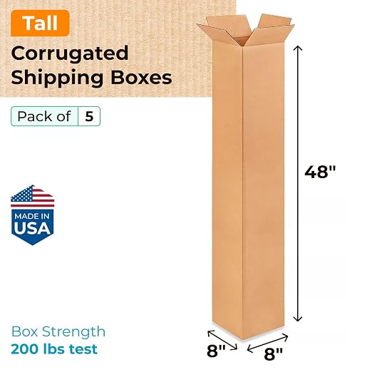 Tall Moving & Shipping Boxes 8 x 8 x 48 inches (5-Pack) - Extra Strength 200 lb vs Regular - USA-Made Corrugated Durable Moving Boxes - Packing and Moving Box for Delivery by IDL Packaging, brown