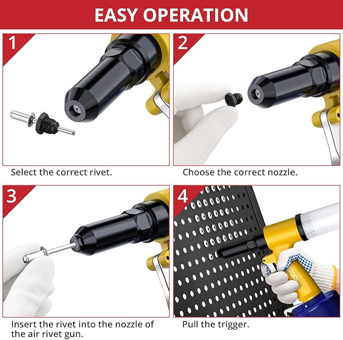 JUSTOOL Heavy Duty Pneumatic Rivet Gun 3097LBF Air Rivet Gun Set-3/32", 1/8", 5/32", 3/16" Air Riveter with NPT 1/4 inch Air Hydraulic Riveter for Automotive Construction Maintenance Industries & DIY
