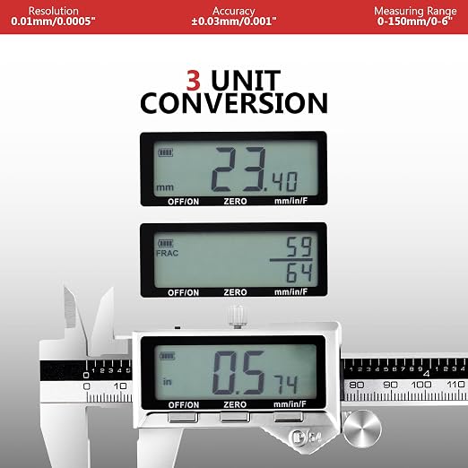 Rechargeable Calipers 6 Inch, Digital Caliper Stainless Steel Electronic Micrometer with Large LCD Display, Inch/mm/Fraction Conversion, Professional Vernier Measuring Tool