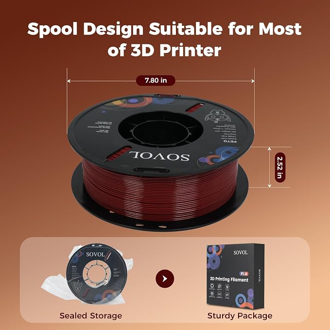 Sovol 3D Printer PETG Filament 1.75mm 1KG (2.2lbs), High Precision, Strong Toughness, Wiring Tightness, Dimensional Accuracy +/- 0.03 mm, 3D Printing PETG Filaments, Brown
