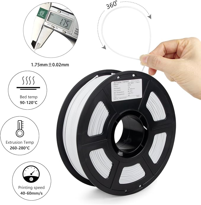 ASA Filament 1.75mm, UV/Heat Resistant/Weather Resistant ASA 3D Printer Filament, Perfect for Printing Outdoor Functional Parts, White Filament 1kg(2.2lbs) Spool