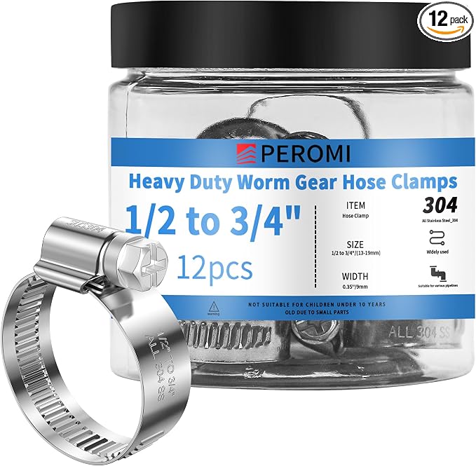 12PCS Adjustable Hose Clamps, 304 Stainless Steel Worm Gear Clamp, 1/2"-3/4"(13-19mm), Rolled Edge No Perforations, Heavy Duty Reusable Pipe Clamp for Home, Auto, Industrial, Garden, Boat, Marine