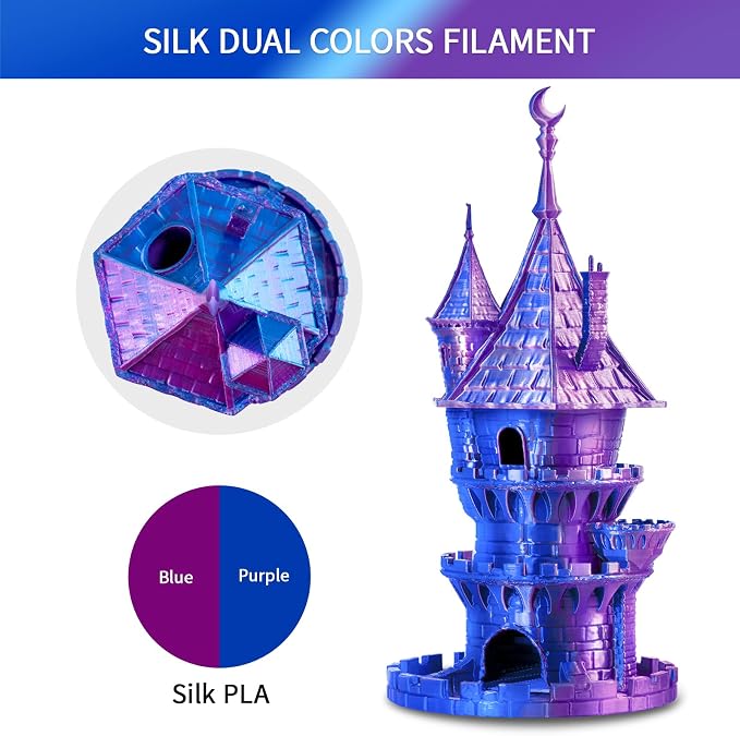 ERYONE Silk Dual Color PLA Filament 3D Printer 1.75mm +/- 0.03mm, Bicolor Filament Two Tone PLA 1KG(2.2lbs) Cardboard Spool, Purple Blue