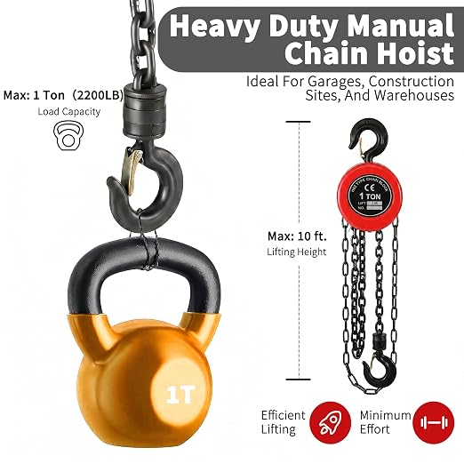 Manual Chain Hoist | 1 Ton/2000 lbs Capacity | 10’ Lift | 2 Hooks | Manual Hand Lift Steel Chain Block Hoist (1T-Red)