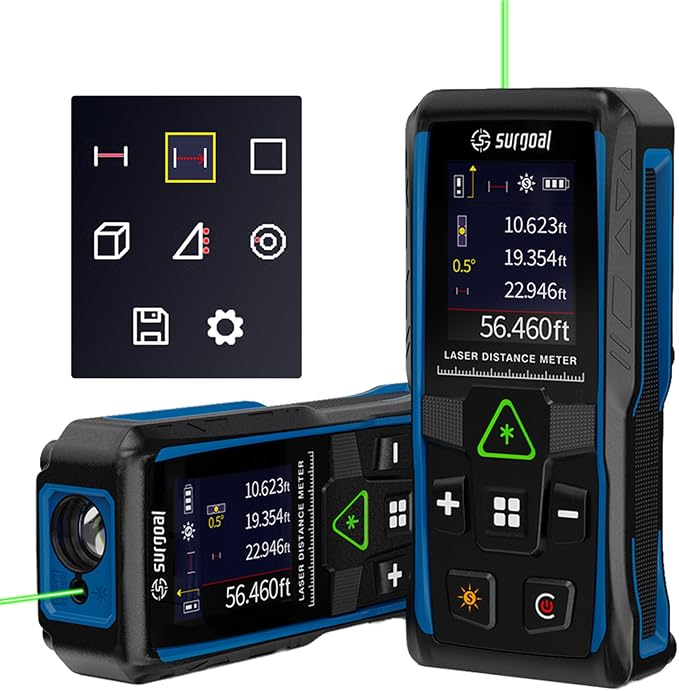 328Ft Green Laser Distance Meter – Digital Laser Measure with Angle Sensor, 4-Way Rotating Backlit LCD, Pythagorean Mode, Unit Switch, ±3mm Accuracy, Handheld Measuring Tool