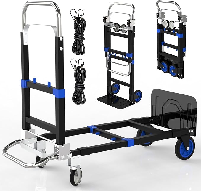 Suzhi Foldable Hand Truck Moving Dolly Cart with 4 Wheels, 500 Lbs Load,2 Straps, Pre-Assembled, Save Room, Easy Folding Dolly for Furniture, Appliances, Boxes, Warehouse & Office Transport