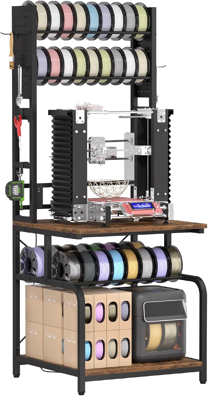 3D Printer Stand with Filament Storage,3D Printer Table with Power Outlets,Sturdy Double-Layer 3D Printer Workstation,for Workshop,Studio,Home Office and 3D Printing Enthusiasts,Retro Brown