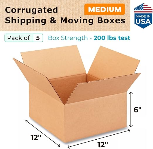 Medium Moving & Shipping Boxes 12 x 12 x 6 inches (5-Pack) - Extra Strength 200 lb vs Regular - USA-Made Corrugated Packing Boxes for Moving Medium Volume - Box for Shipping by IDL Packaging -