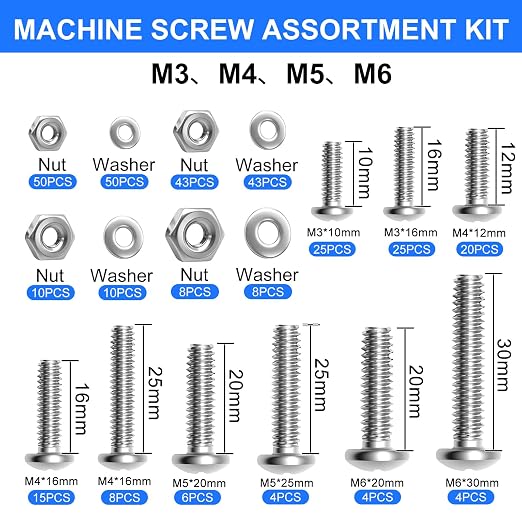 333Pcs Machine Screws Nuts and Bolts Assortment Kit, Stainless Steel Bolts 9 Sizes M3 M4 M5 M6 Phillips Pan Head Screw Assortment Kit for Furniture, Automotive, Appliance Repair, DIY Projects