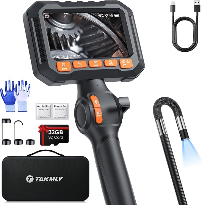 T Takmly Two-Way Articulating Borescope with Light, 210° Steerable 1080P Endoscope Camera, 0.33inch Semi-Rigid Snake Scope, 4.3" IPS Screen, 32GB, 5.5FT for Automotive Engine HVAC Wall Mechanics