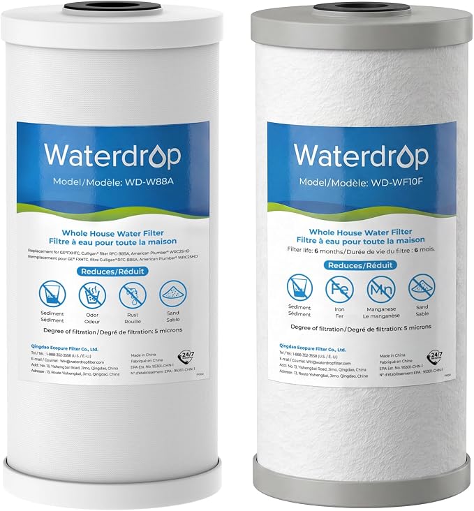Waterdrop WF10FG Whole House Water Filter, Compatible with WHF21-FG, GE GXWH40L, FXHTC, Ispring, Culligan® RFC-BBSA, Whirlpool®, Any 10" x 4.5" System, Reduces Iron, Manganese, Chlorine, Odor