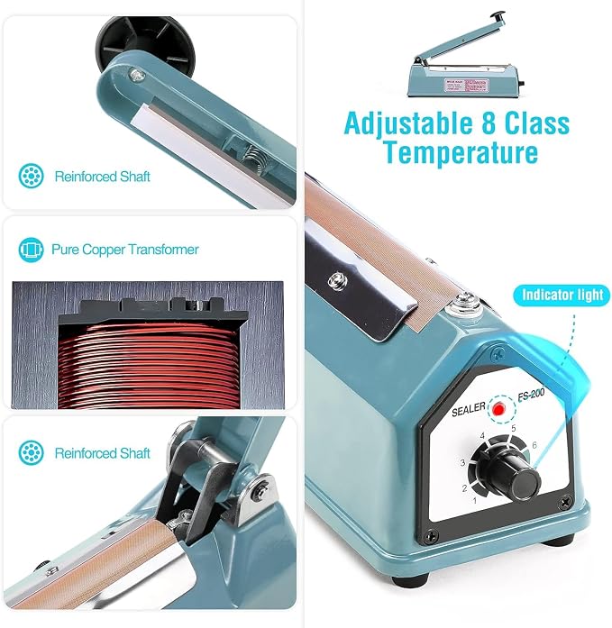 METRONIC Impulse Sealer 8 inch, Manual Heat Sealer Machine for Plastic Bags, Shrink Wrap Bag Sealers Heavy Duty Sealing Machine With Repair Kit, Blue(Pack of 6)