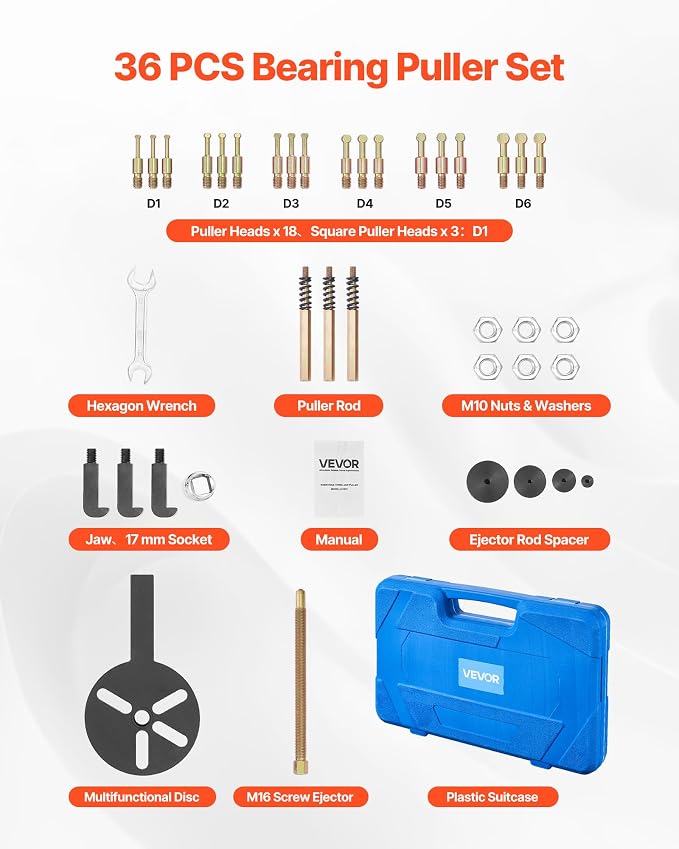 VEVOR 36-in-1 Bearing Puller Set, 36 PCS 3-Jaw Hook Puller for Internal External Bearings and Bearing Without Inner Shaft, Multifunctional Bearing Removal Tool with Heavy Duty Portable Storage Case