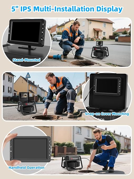 Sanyipace Sewer Camera, 5" IPS HD Pipe Inspection Camera,Built-in 32GB DVR with Microphone and Speaker, 8 LED Lights,IP68 Waterproof Drain Camer for Sewer Line, Home, Duct Drain Pipe Plumbing