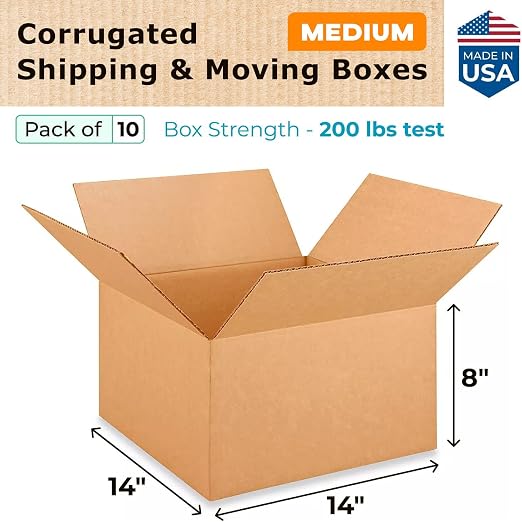 Medium Moving & Shipping Boxes 14x14x8 inches (10-Pack) - Extra Strength 200 lb vs Regular - USA-Made Corrugated Heavy Duty Moving Boxes - Strong Moving and Packing Box - Carton Box by IDL Packaging
